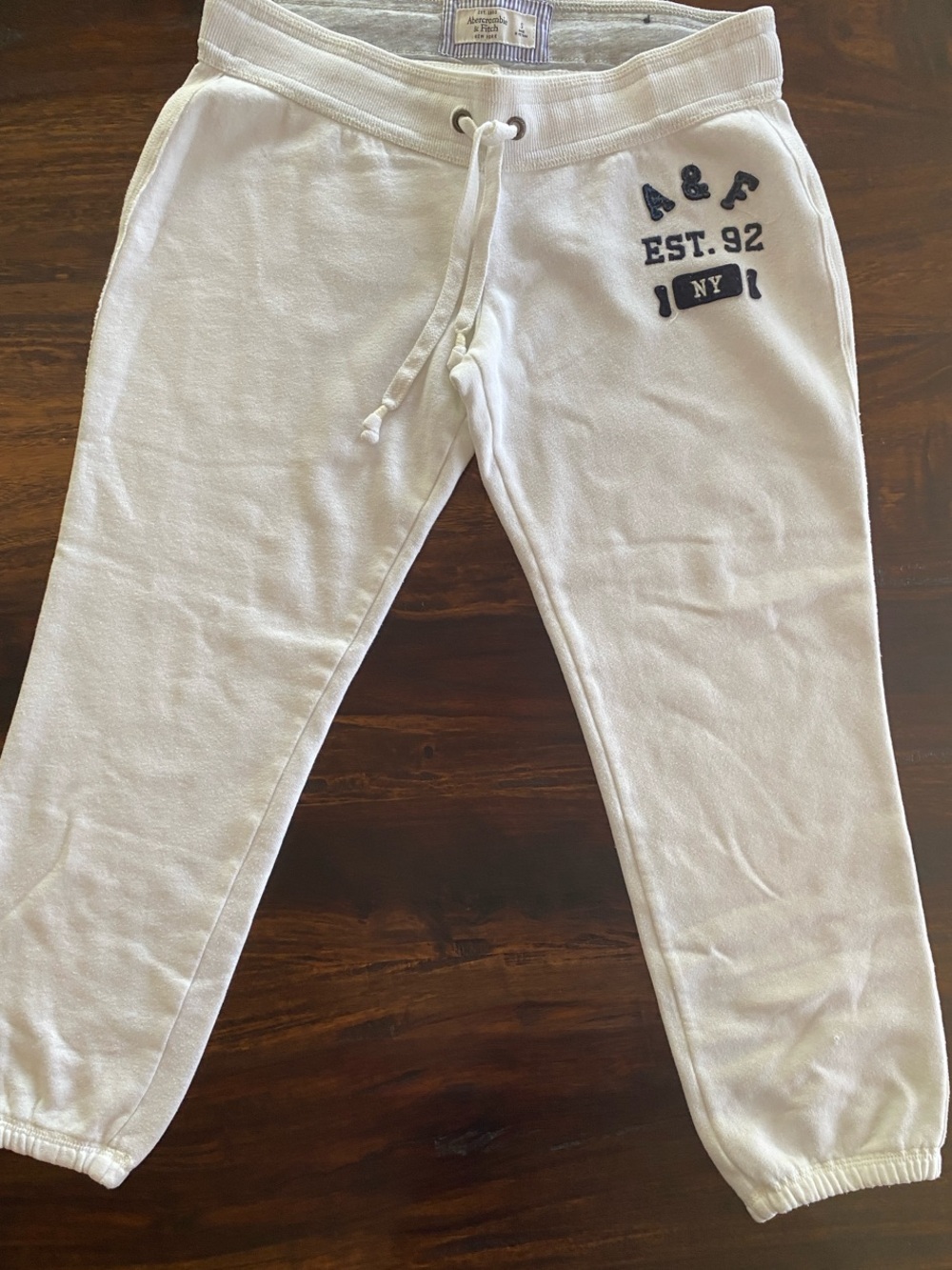 Abercrombie & Fitch White Women’s Jogger Sweatpants with Navy Logo
